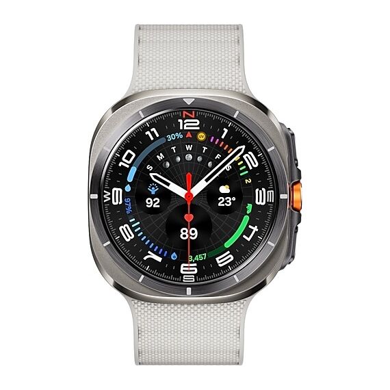 Galaxy Watch Ultra 2025 | 47 мм | 4G LTE | Titanium Silver | Peakform/White Sand | S/M/L, Размер: 47 мм, Цвет: Titanium Silver, Тип ремешка: Peakform, Цвет ремешка: White Sand, Размер ремешка: S/M/L, Подключение часов: Bluetooth / Wi-Fi + 4G LTE, изображение 2